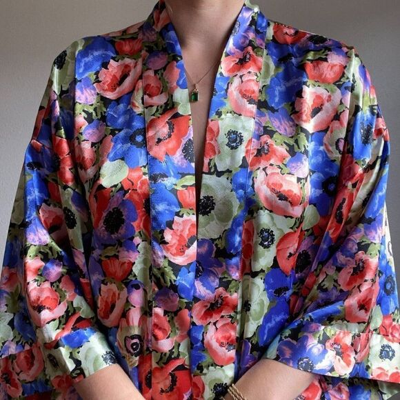 Vintage 90s Gold Label Victoria Secret Floral Satin Night Gown Robe Sz M - Picture 6 of 10